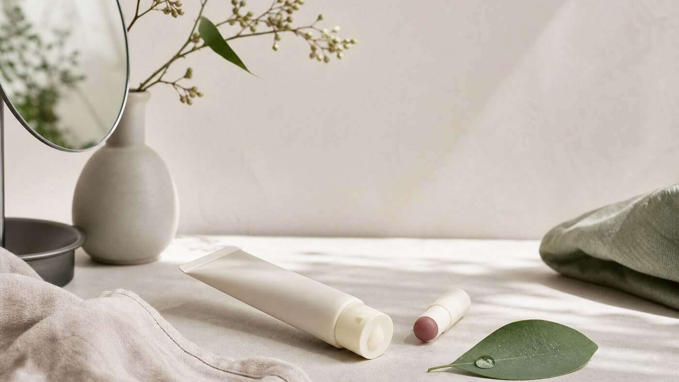 朝の光のなかの化粧台の隅。生成りのハンドクリームのチューブと小さなリップ、朝露の宿る一枚の緑の葉。生成りとセージ緑の静かな色調